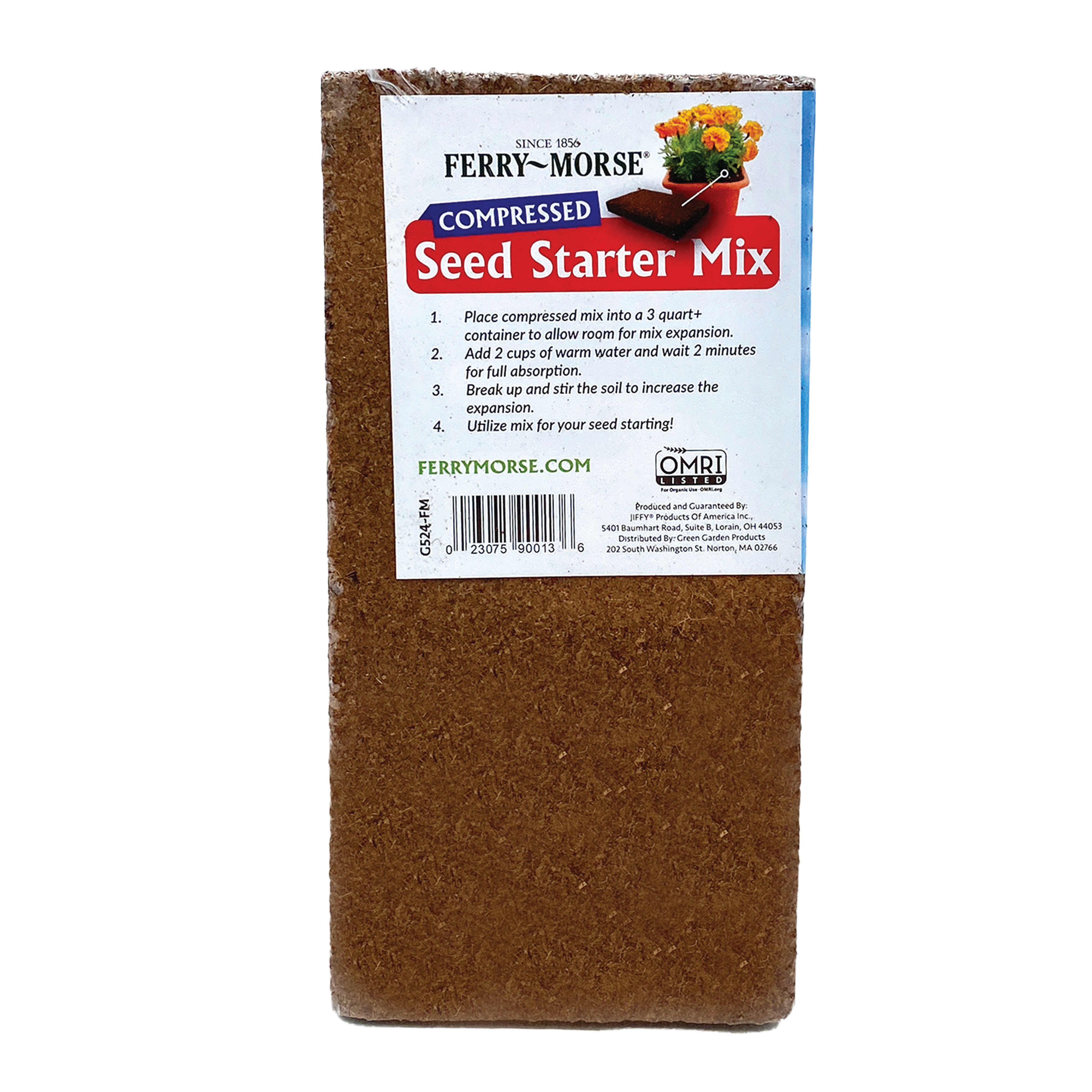 A compressed brick of Ferry-Morse Organic Seed Starter Mix
